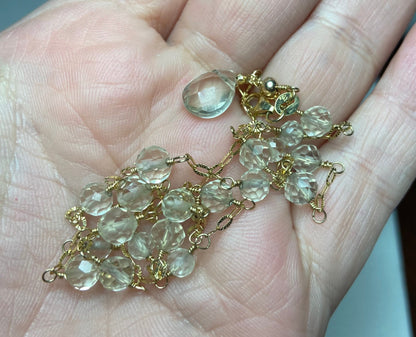 A 14k yellow gold choker necklace with light yellow Oregon Sunstone beads and a briolette pendant.