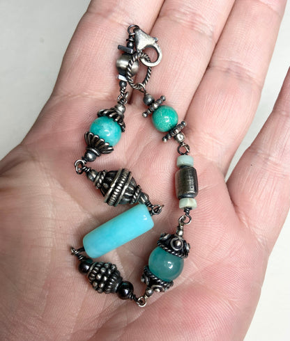 Eclectic blues sterling silver wire bead bracelet with Peruvian opal, amazonite, and blue jasper.