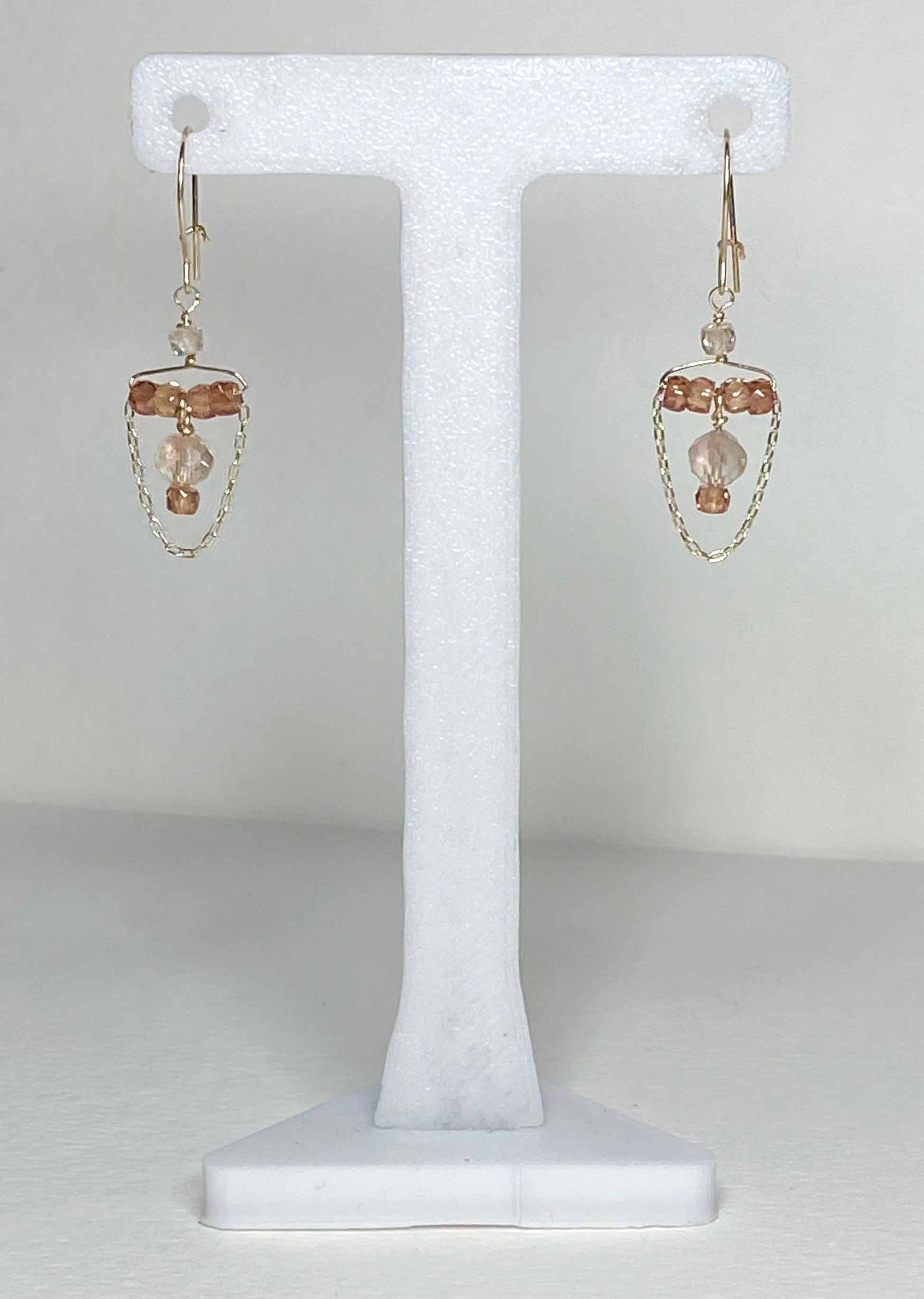 14k yellow gold dangle drop earrings with Oregon Sunstone and natural zircons.