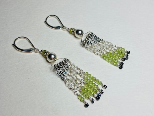 Fringe dangle drop lever back earrings peridot, vesuvianite, quartz and hematite