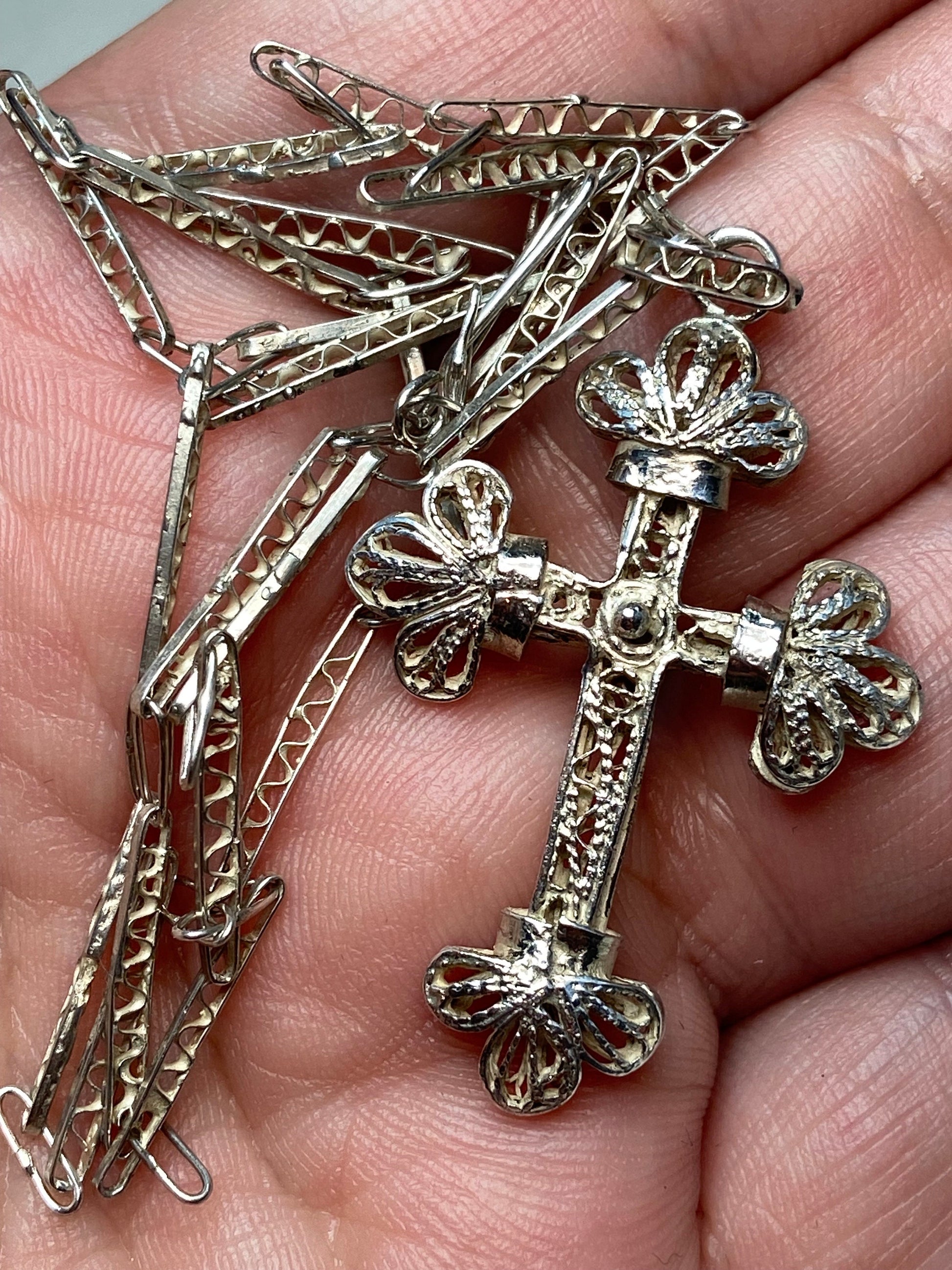 Antique filigree sterling silver cross pendant with a handmade chain.