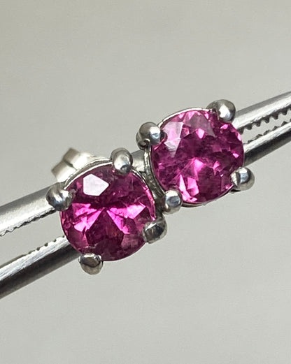 Purplish-pink rubellite tourmaline 5mm stud earrings in solid sterling silver.