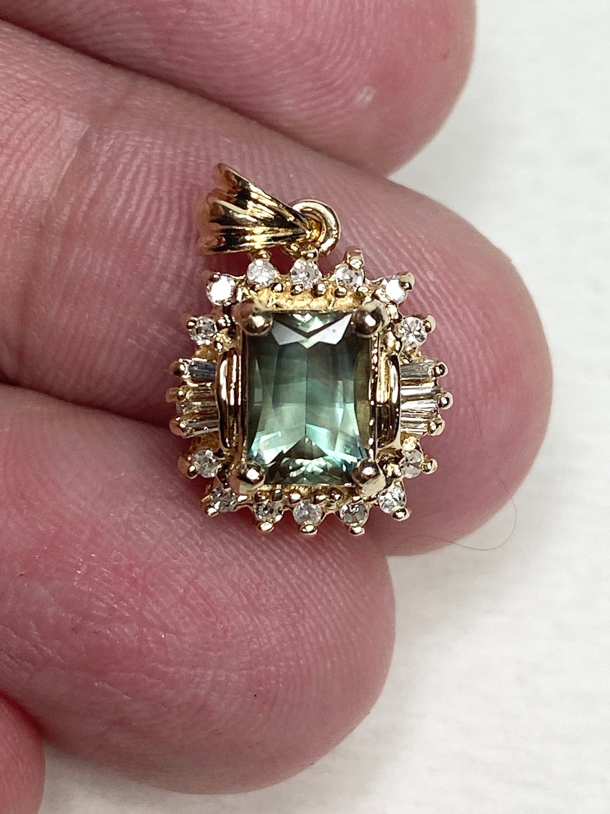 Teal Oregon Sunstone with a Baguette and Round Diamond Halo Pendant Solid 14k Gold - NewLifeJewelryVault