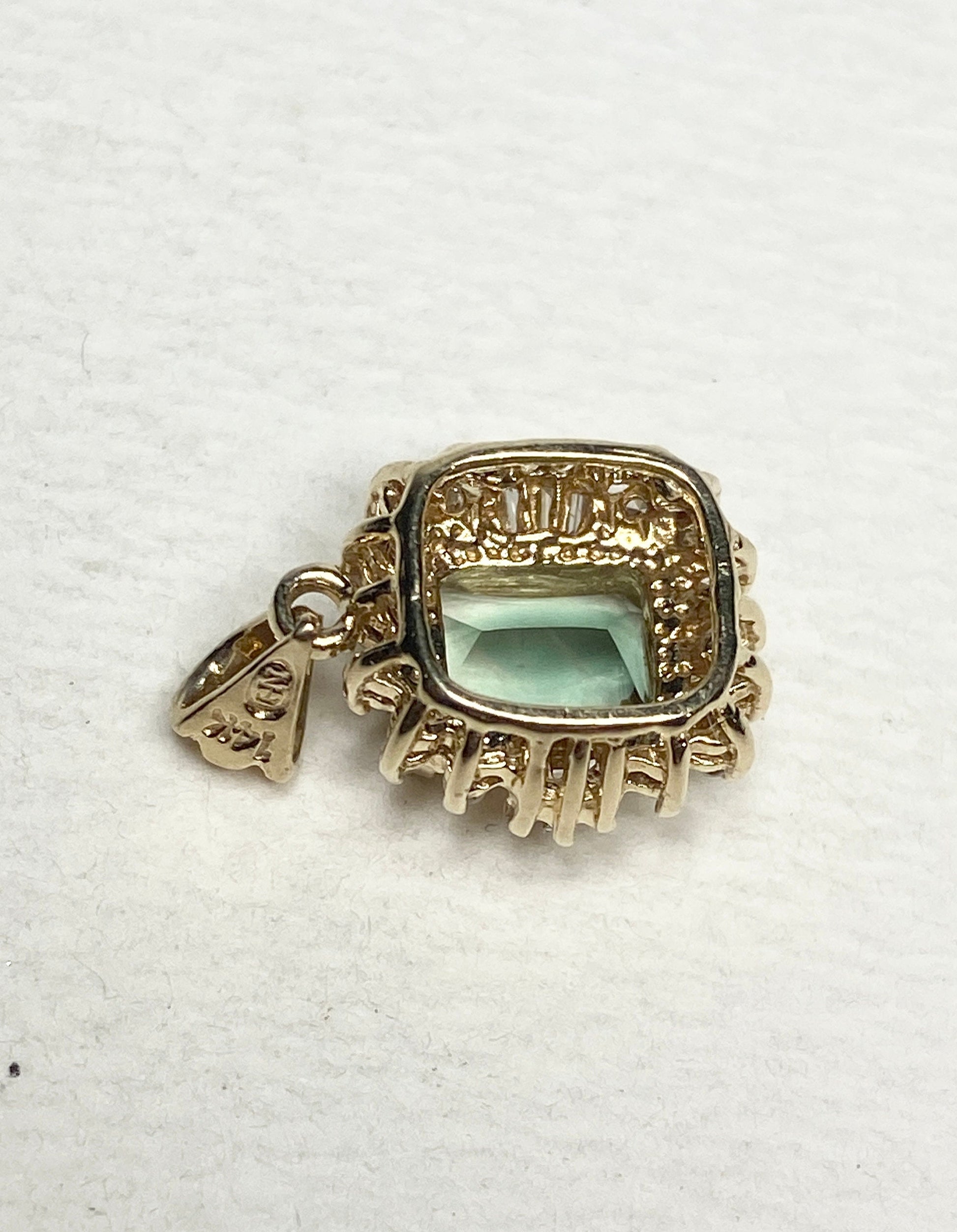 Teal Oregon Sunstone with a Baguette and Round Diamond Halo Pendant Solid 14k Gold - NewLifeJewelryVault