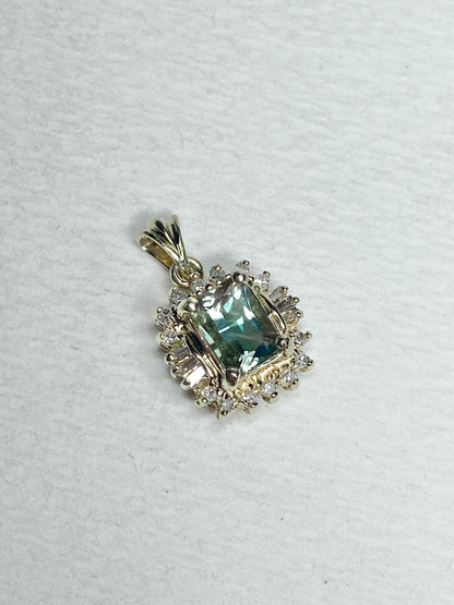 Teal Oregon Sunstone with a Baguette and Round Diamond Halo Pendant Solid 14k Gold - NewLifeJewelryVault