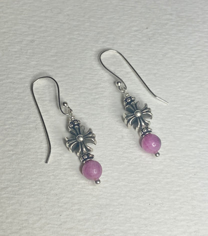 Sterling silver dangle earrings with pink sapphire beads and cross charms.