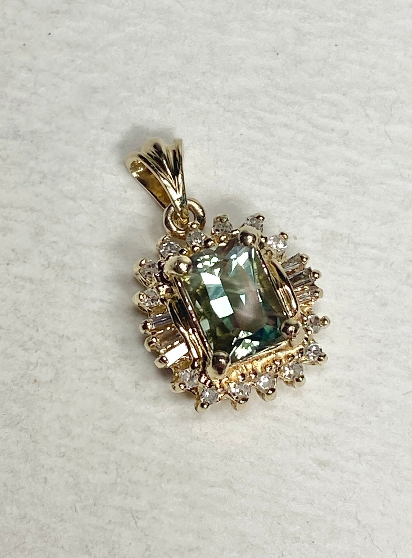 Teal Oregon Sunstone with a Baguette and Round Diamond Halo Pendant Solid 14k Gold - NewLifeJewelryVault