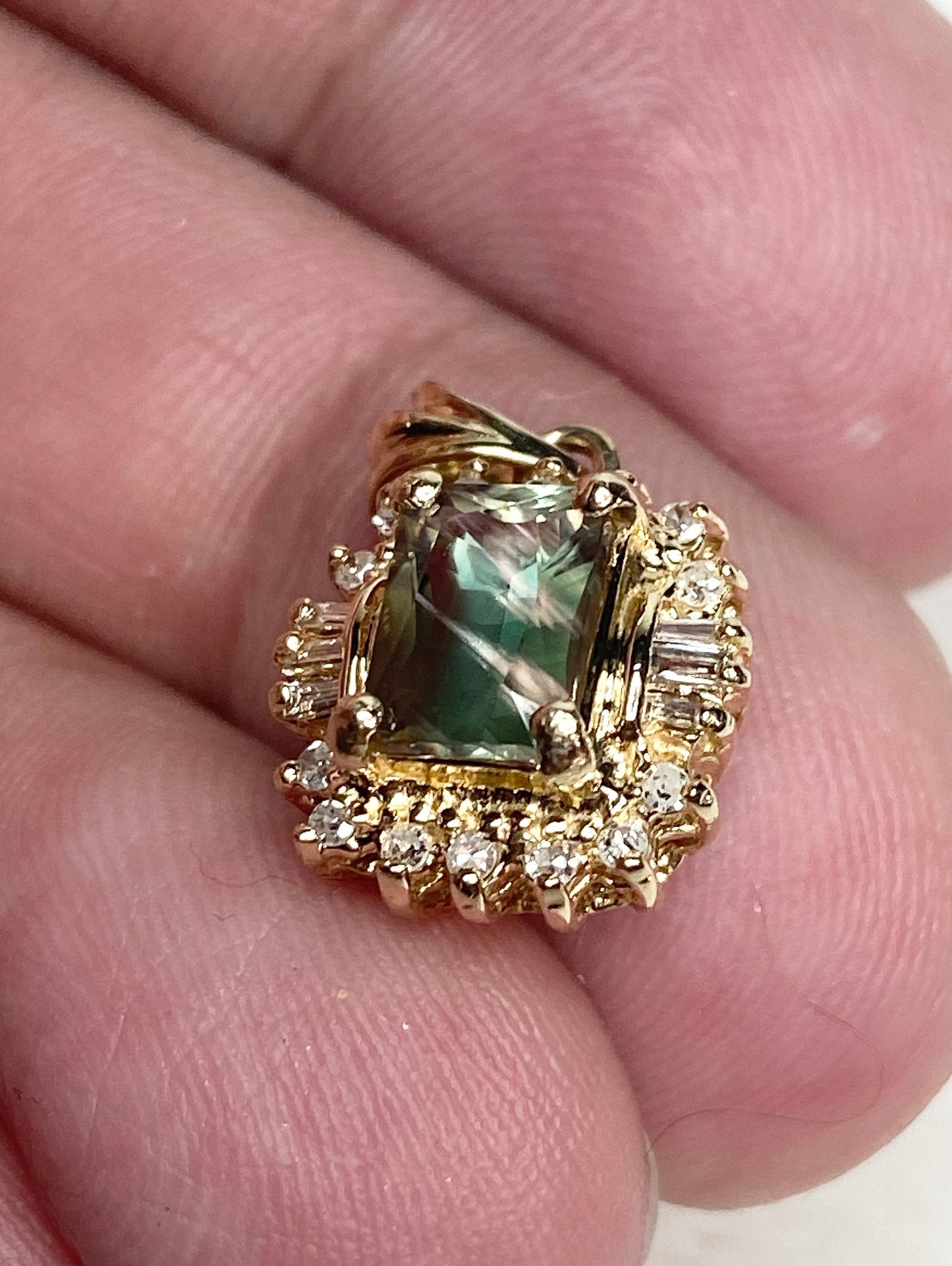 Teal Oregon Sunstone with a Baguette and Round Diamond Halo Pendant Solid 14k Gold - NewLifeJewelryVault