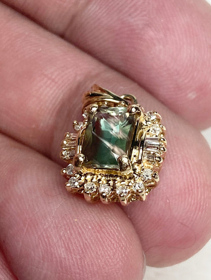 Teal Oregon Sunstone with a Baguette and Round Diamond Halo Pendant Solid 14k Gold - NewLifeJewelryVault