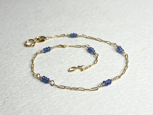 14k gold paperclip chain bracelet with untreated violet-blue Burmese sapphire beads.