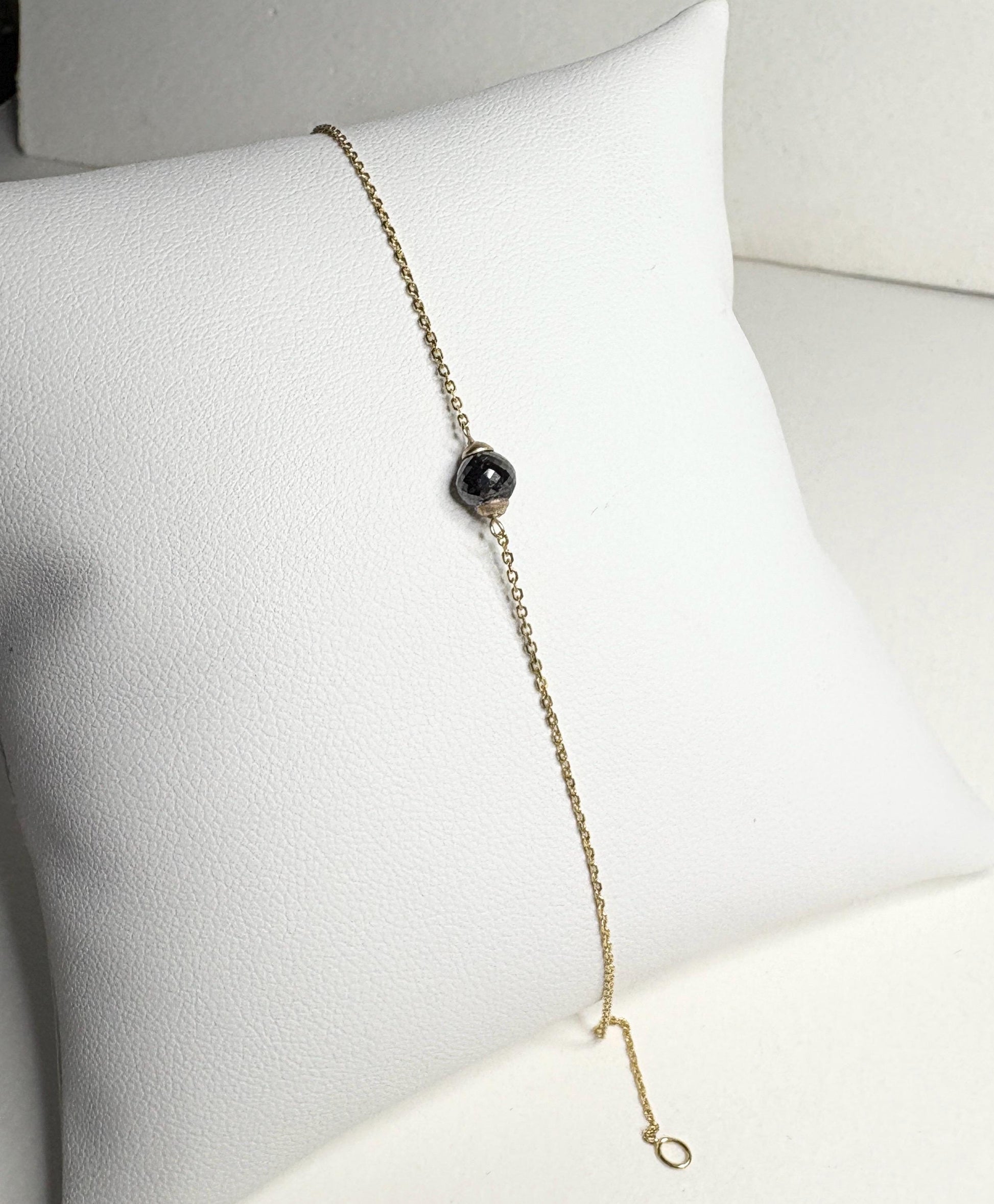 Black Diamond Solitaire Bead Bracelet Solid 14k Gold 5mm 7.25" - NewLifeJewelryVault