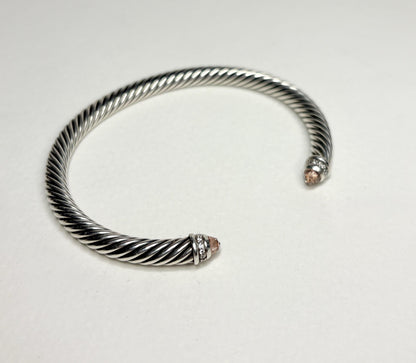 Sterling silver cable cuff bracelet with morganite and diamond accents.