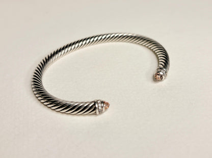 Sterling silver cable cuff bracelet with morganite and diamond accents.