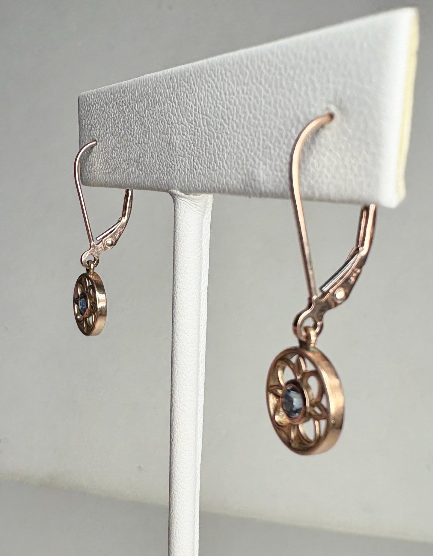 Montana sapphire dangle drop earrings in solid 14k rose gold with lever backs.