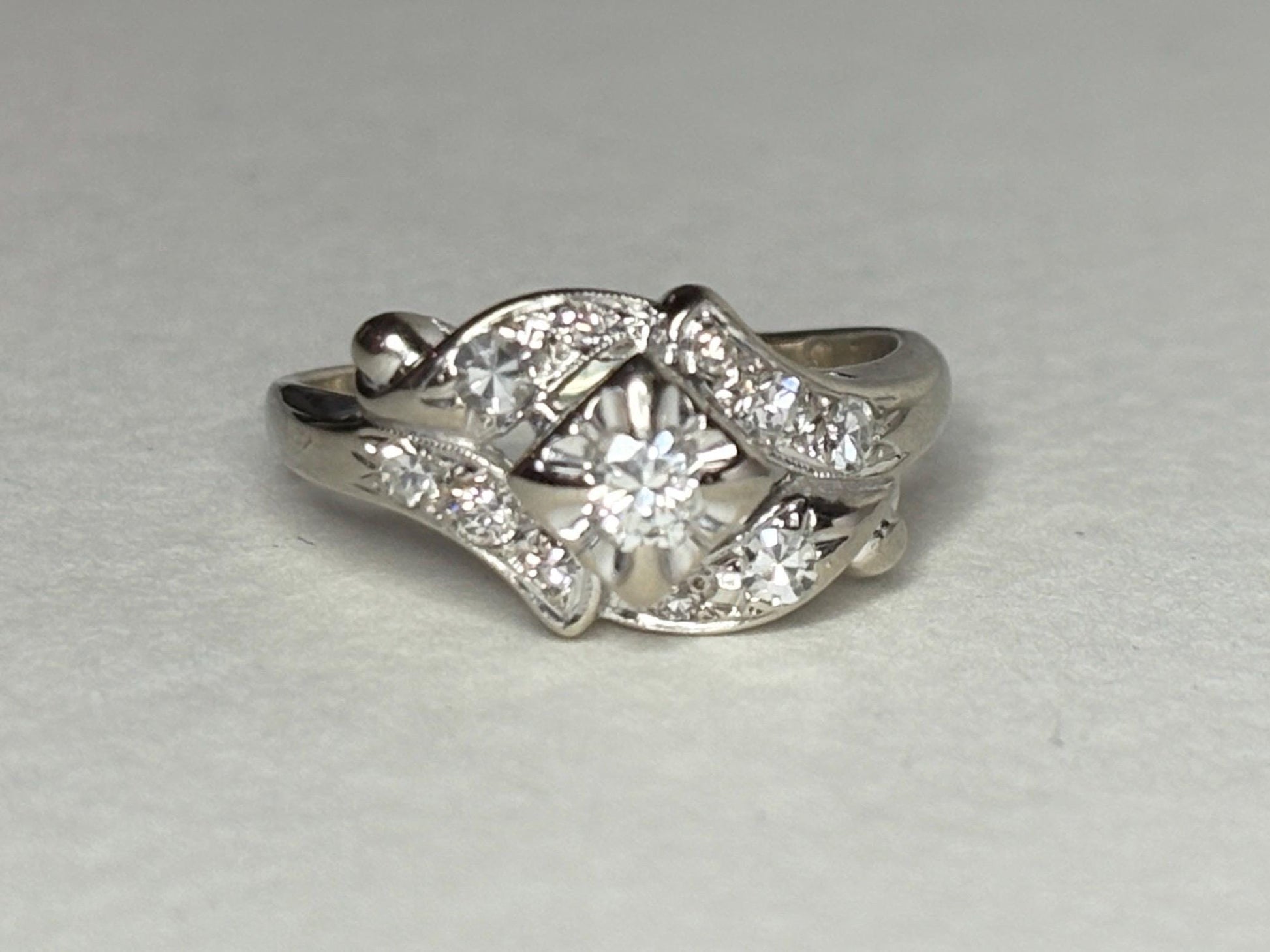 Vintage 14k white gold ring with natural diamonds.