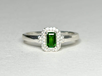 Sterling silver ring with emerald-cut chrome diopside and zircon halo.