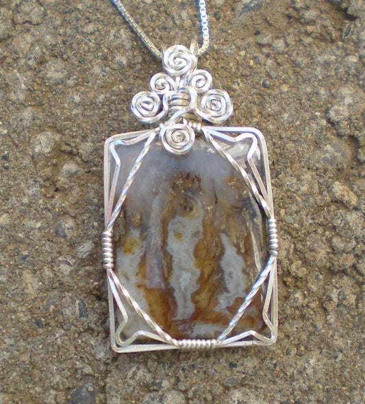 Idaho Plume/Flame Agate (Graveyard Point material) sterling silver wire wrapped pendant