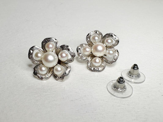 Vintage sterling silver flower earrings with Akoya cultured pearls.
