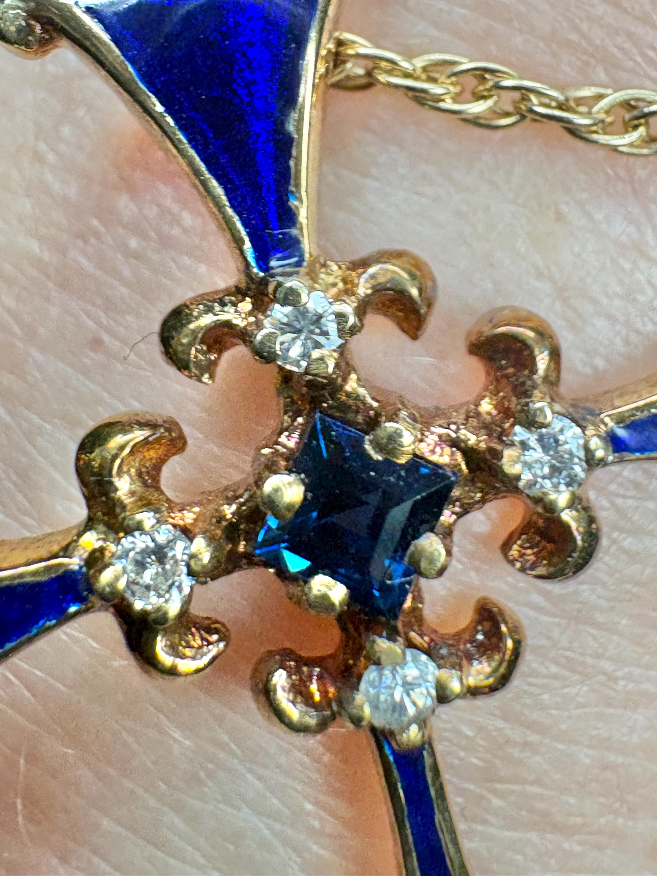 Faberge Sapphire Diamond Cross Pendant Necklace 14k Gold – New