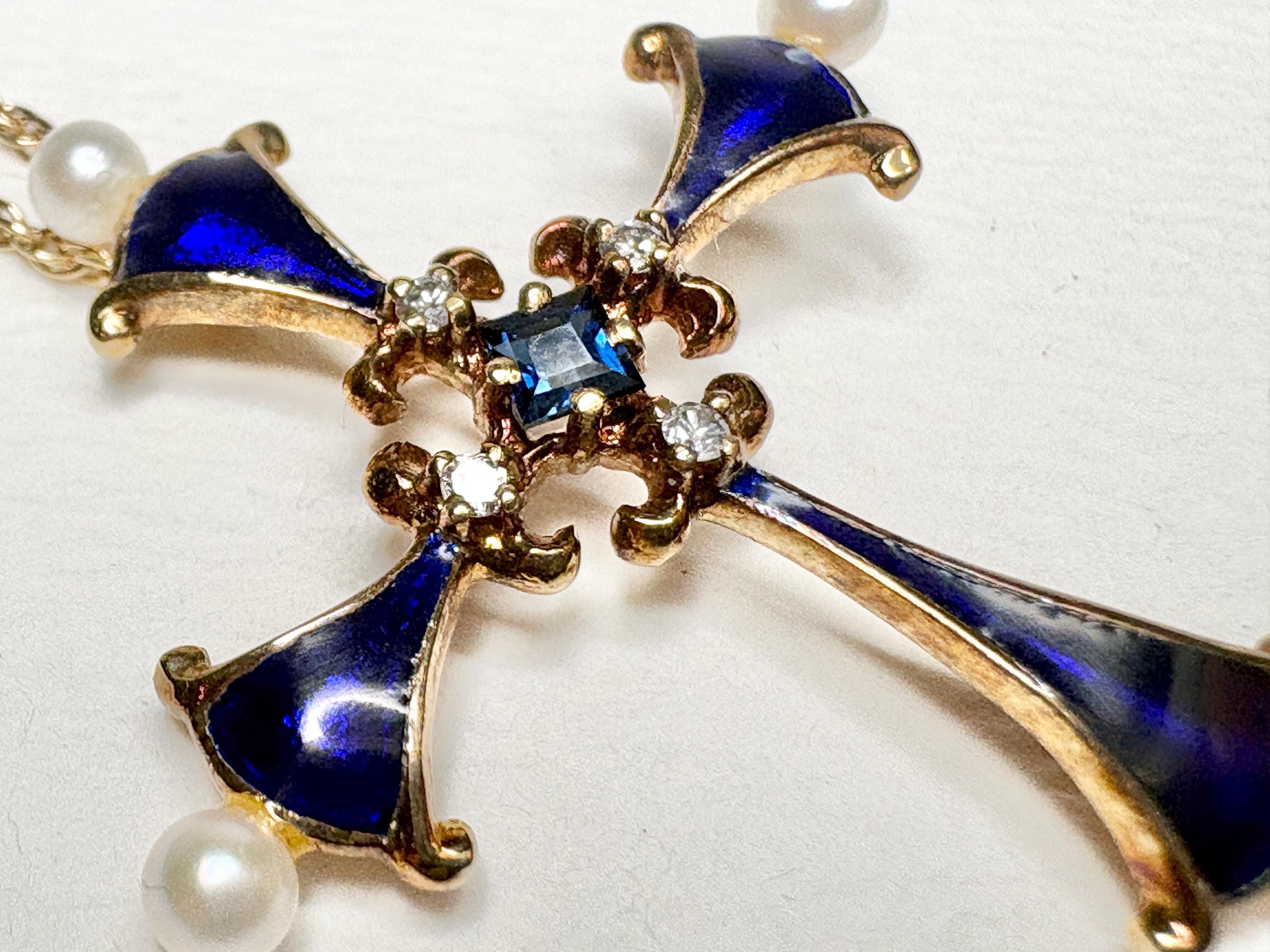 Faberge Sapphire Diamond Cross Pendant Necklace 14k Gold – New