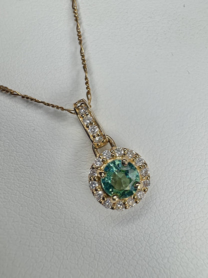 Natural Emerald Diamond halo Pendant Necklace Solid 9k Gold on a 14k Figero Chain 18" - NewLifeJewelryVault