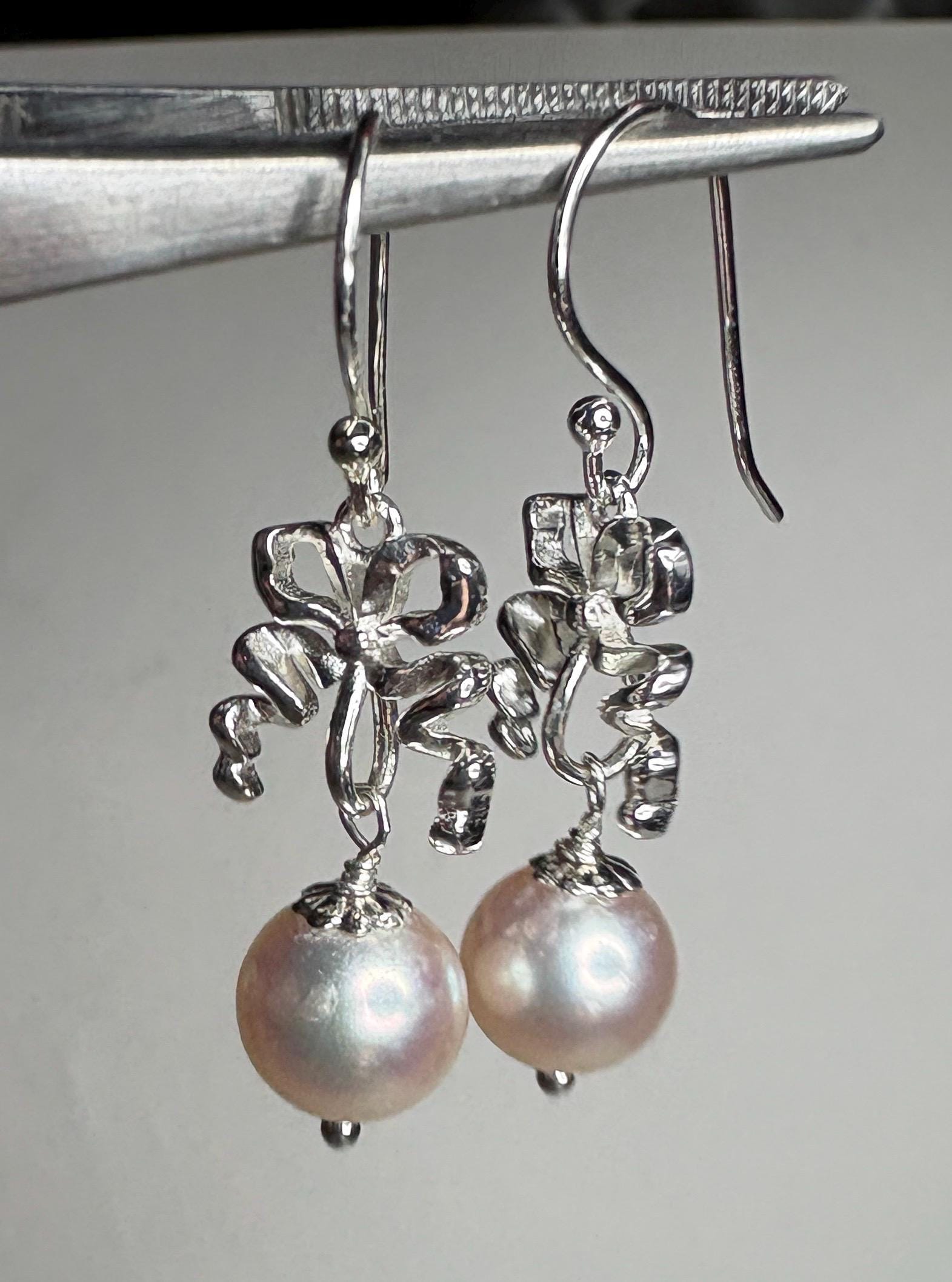 Japanese Akoya Cultured Pearl Drop Ribbon Bow Earrings Sterling Silver 8mm - NewLifeJewelryVault