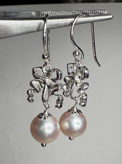 Japanese Akoya Cultured Pearl Drop Ribbon Bow Earrings Sterling Silver 8mm - NewLifeJewelryVault