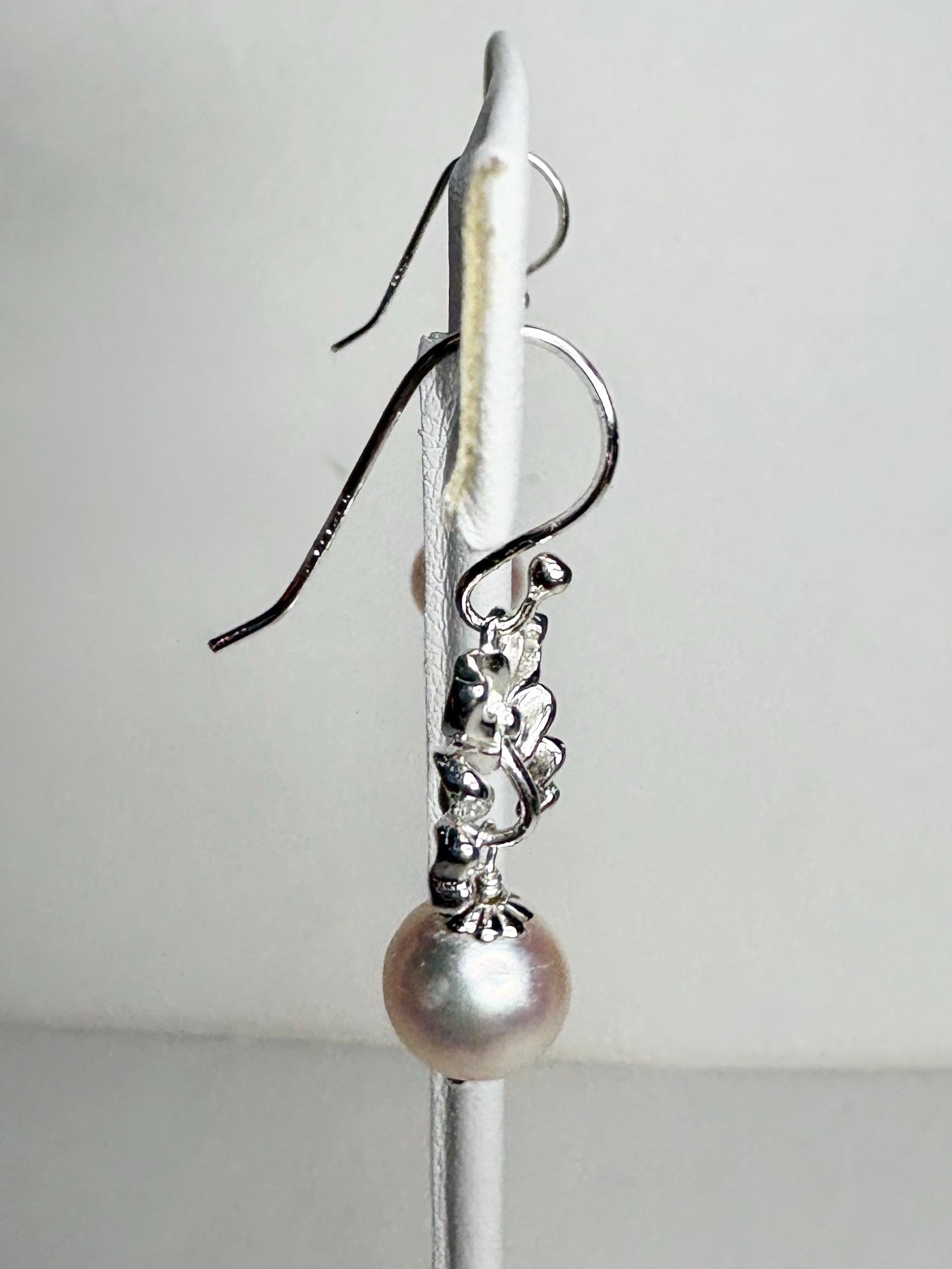 Japanese Akoya Cultured Pearl Drop Ribbon Bow Earrings Sterling Silver 8mm - NewLifeJewelryVault