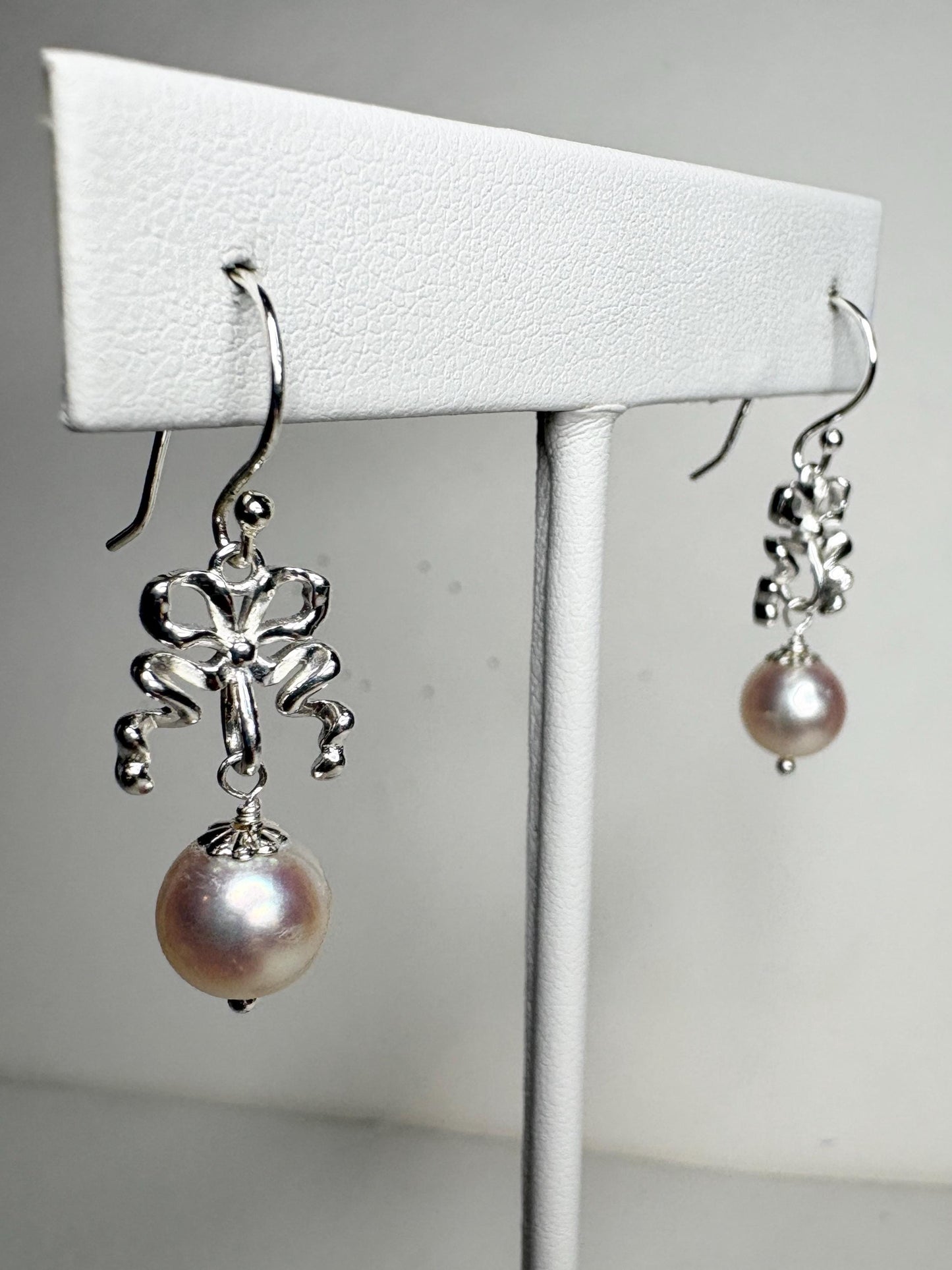 Japanese Akoya Cultured Pearl Drop Ribbon Bow Earrings Sterling Silver 8mm - NewLifeJewelryVault