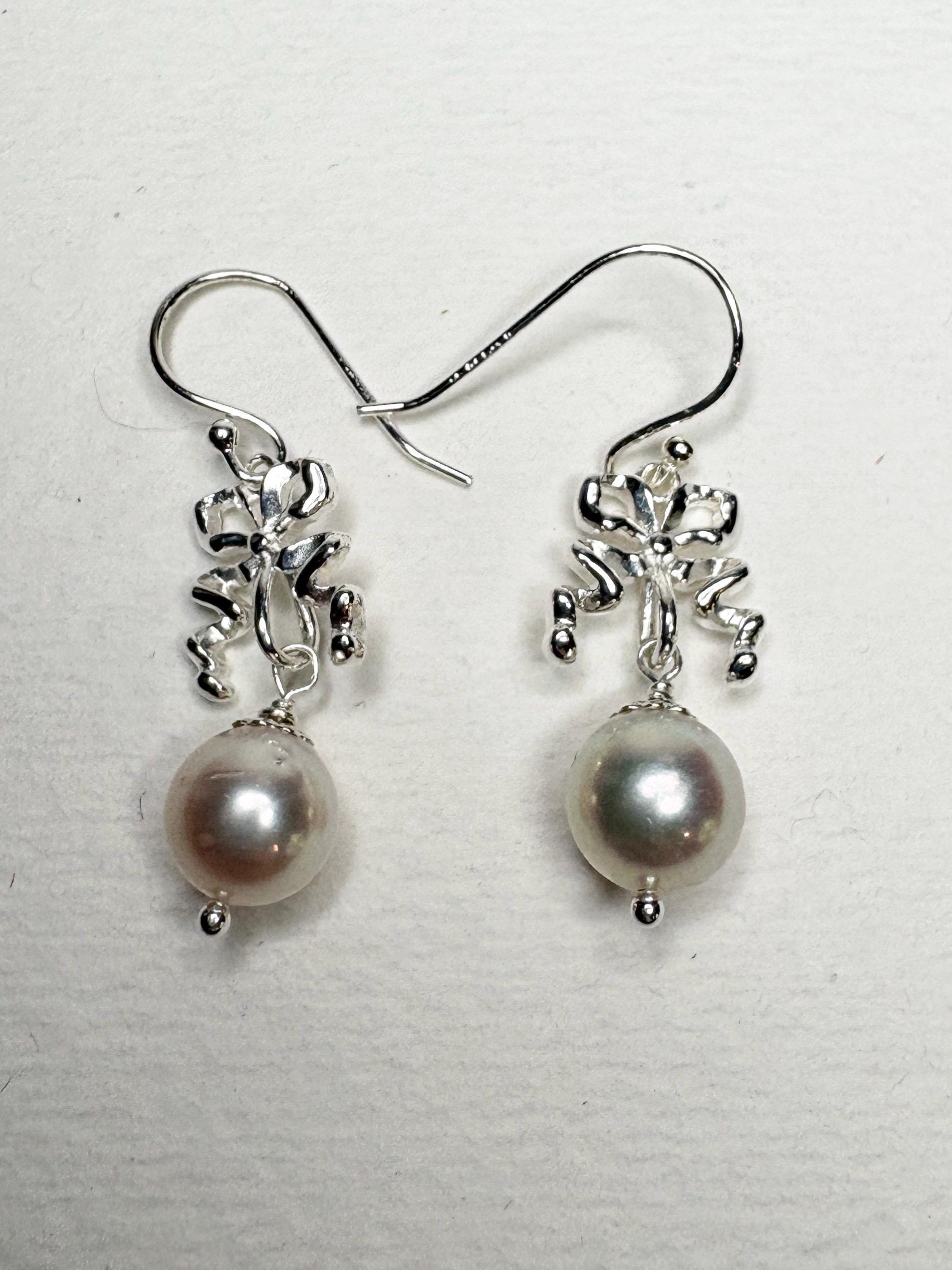 Japanese Akoya Cultured Pearl Drop Ribbon Bow Earrings Sterling Silver 8mm - NewLifeJewelryVault