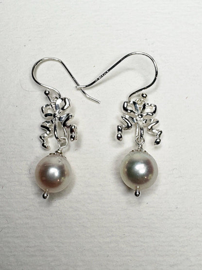 Japanese Akoya Cultured Pearl Drop Ribbon Bow Earrings Sterling Silver 8mm - NewLifeJewelryVault
