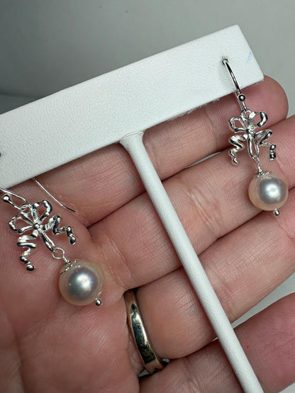 Japanese Akoya Cultured Pearl Drop Ribbon Bow Earrings Sterling Silver 8mm - NewLifeJewelryVault