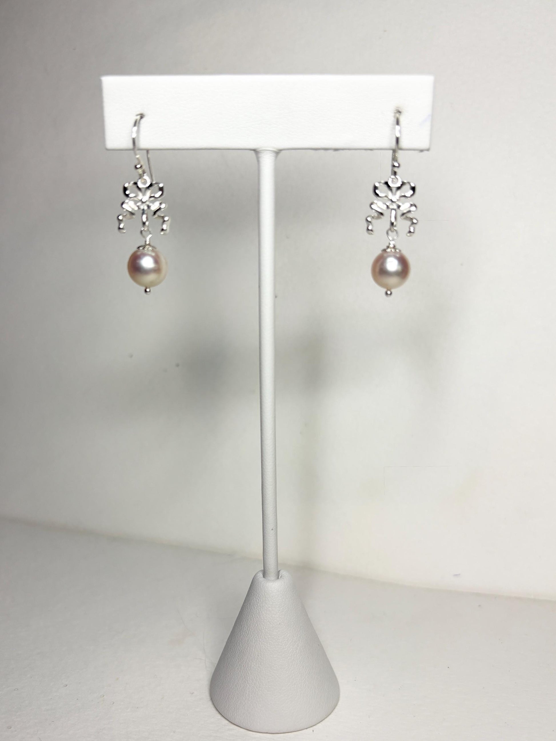 Japanese Akoya Cultured Pearl Drop Ribbon Bow Earrings Sterling Silver 8mm - NewLifeJewelryVault