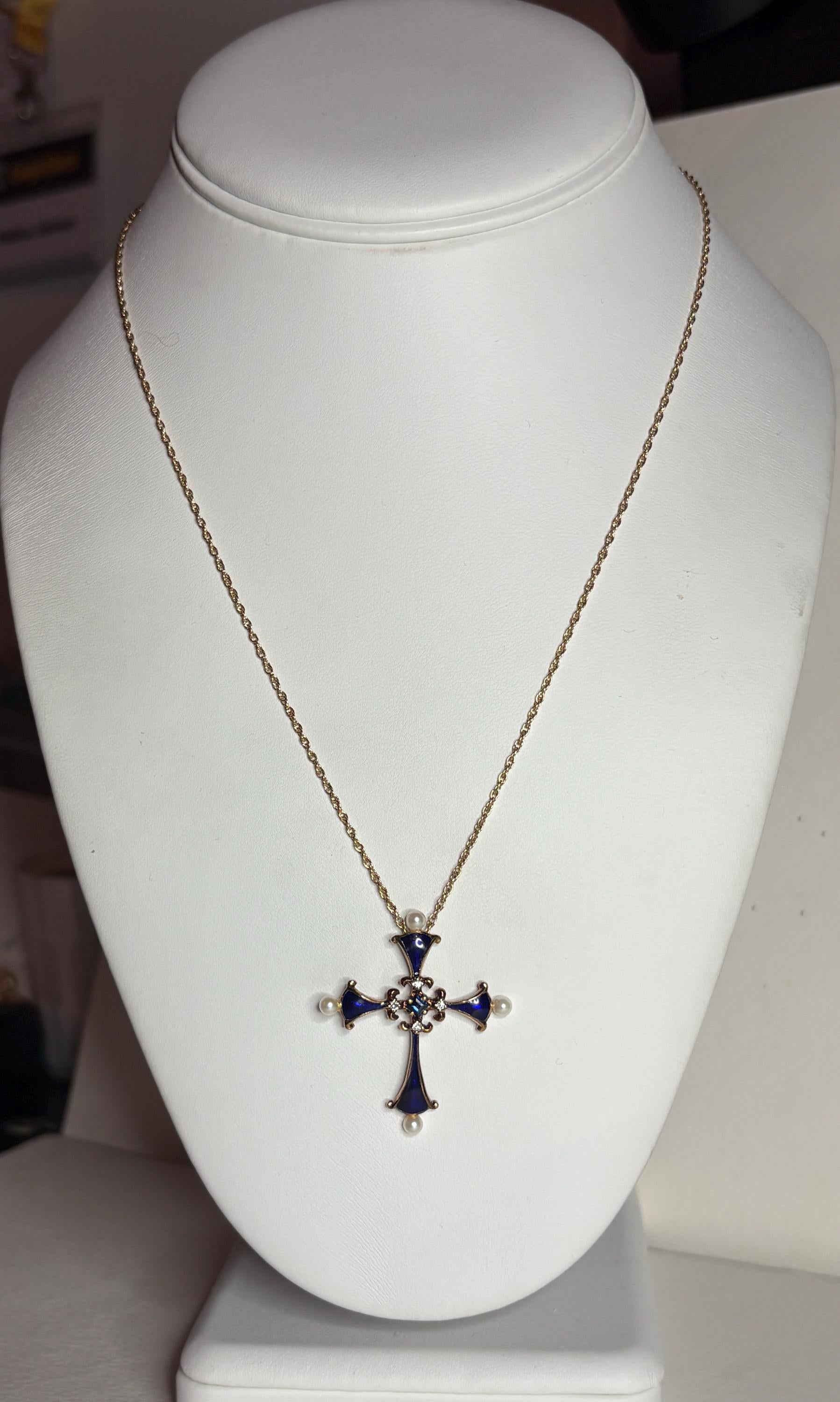 Faberge Sapphire Diamond Cross Pendant Necklace 14k Gold – New