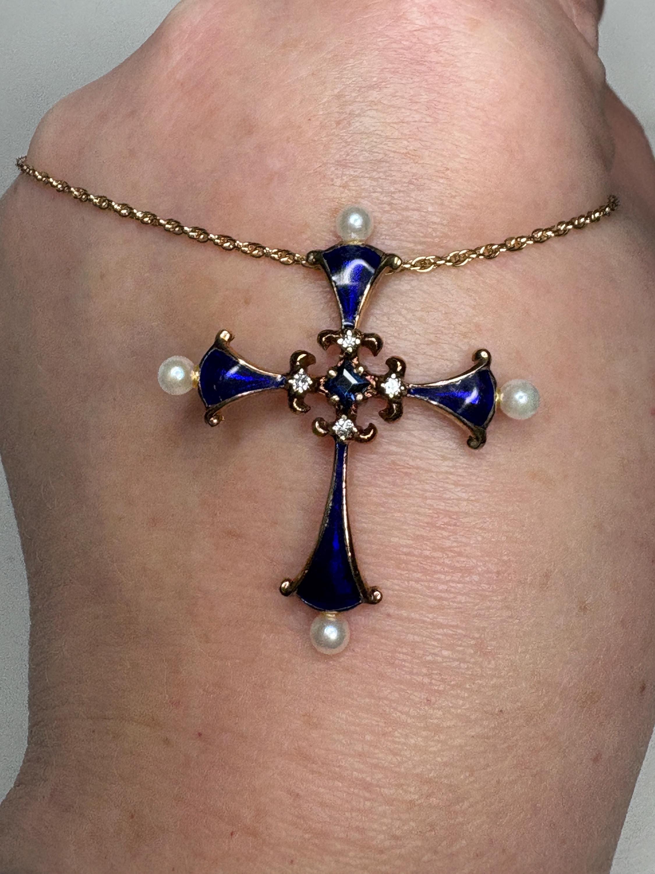 Faberge Sapphire Diamond Cross Pendant Necklace 14k Gold – New