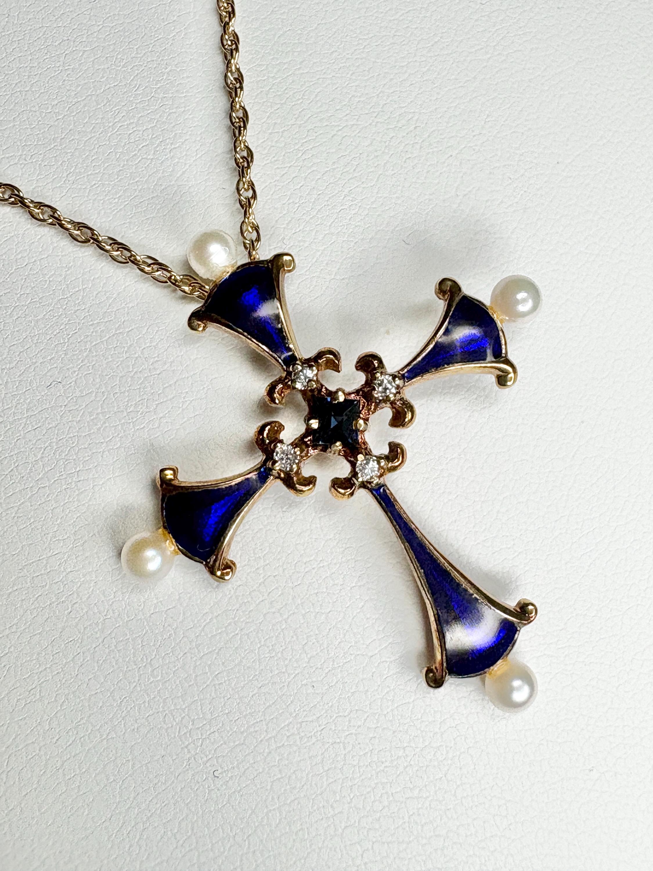 Faberge Sapphire Diamond Cross Pendant Necklace 14k Gold – New
