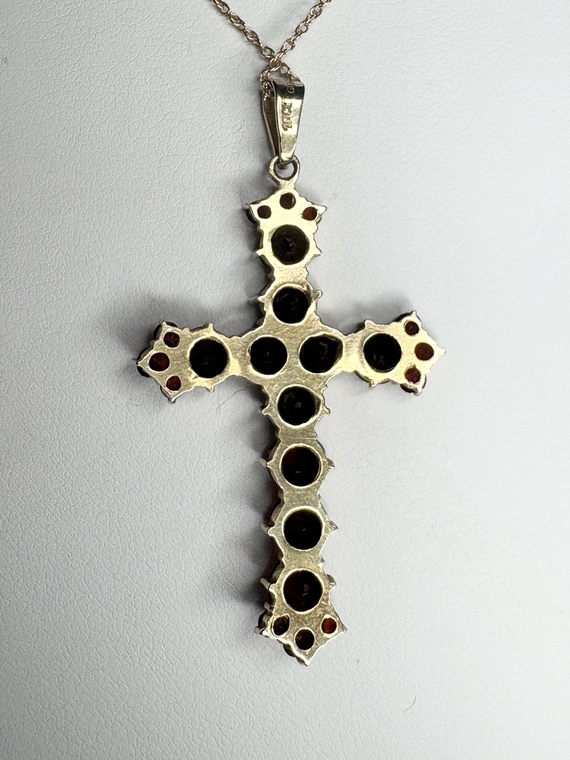 Bohemian Rose Cut Garnet Cross Pendant Necklace 10k with 14k Chain 18" - NewLifeJewelryVault
