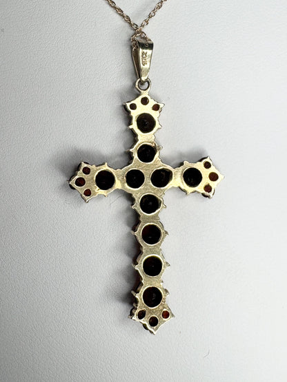 Bohemian Rose Cut Garnet Cross Pendant Necklace 10k with 14k Chain 18" - NewLifeJewelryVault