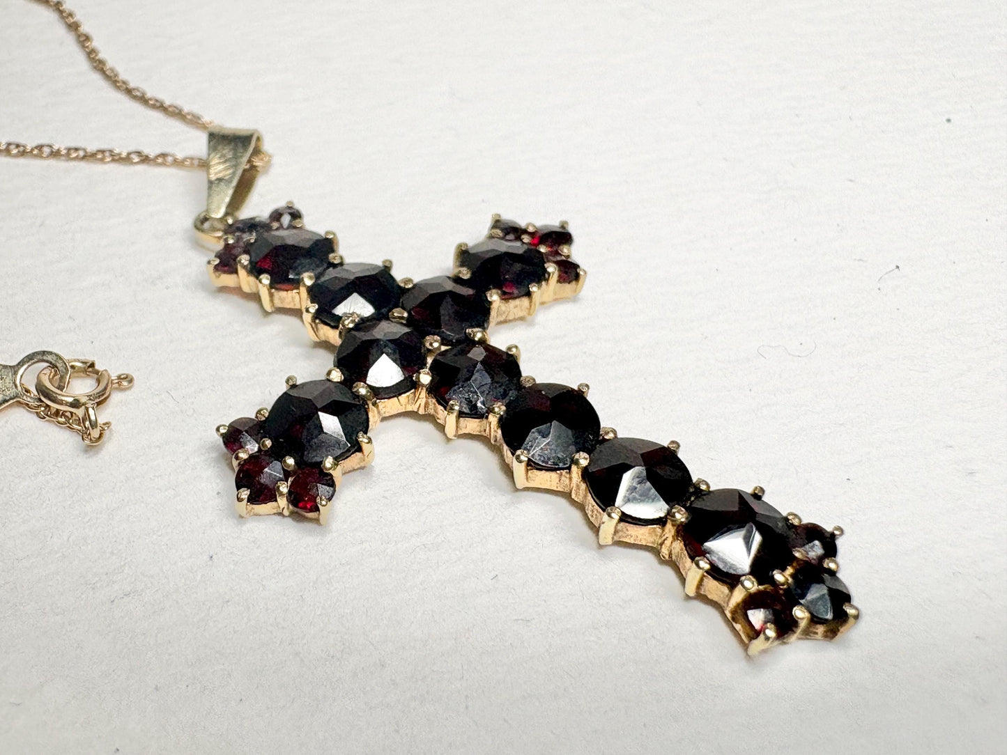 Bohemian Rose Cut Garnet Cross Pendant Necklace 10k with 14k Chain 18" - NewLifeJewelryVault