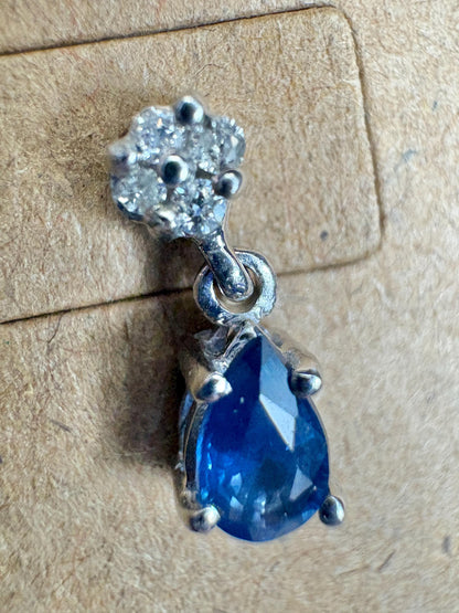Sapphire and Diamond Dangle Drop Earrings Solid 14k White Gold Pear Shape - NewLifeJewelryVault