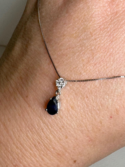 Sapphire and Diamond Pear Pendant Necklace Solid 14k and 10k White Gold 18" - NewLifeJewelryVault