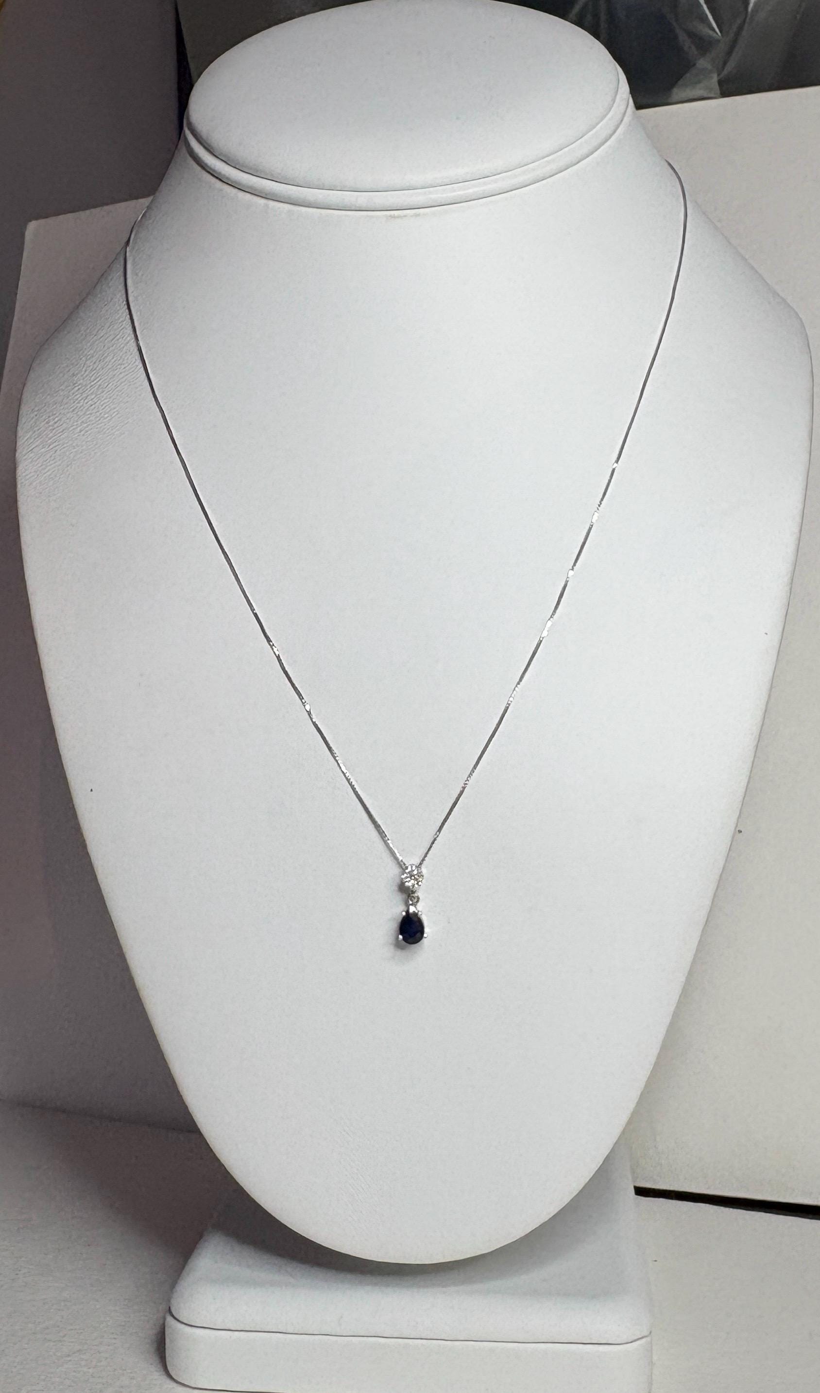 Sapphire and Diamond Pear Pendant Necklace Solid 14k and 10k White Gold 18" - NewLifeJewelryVault
