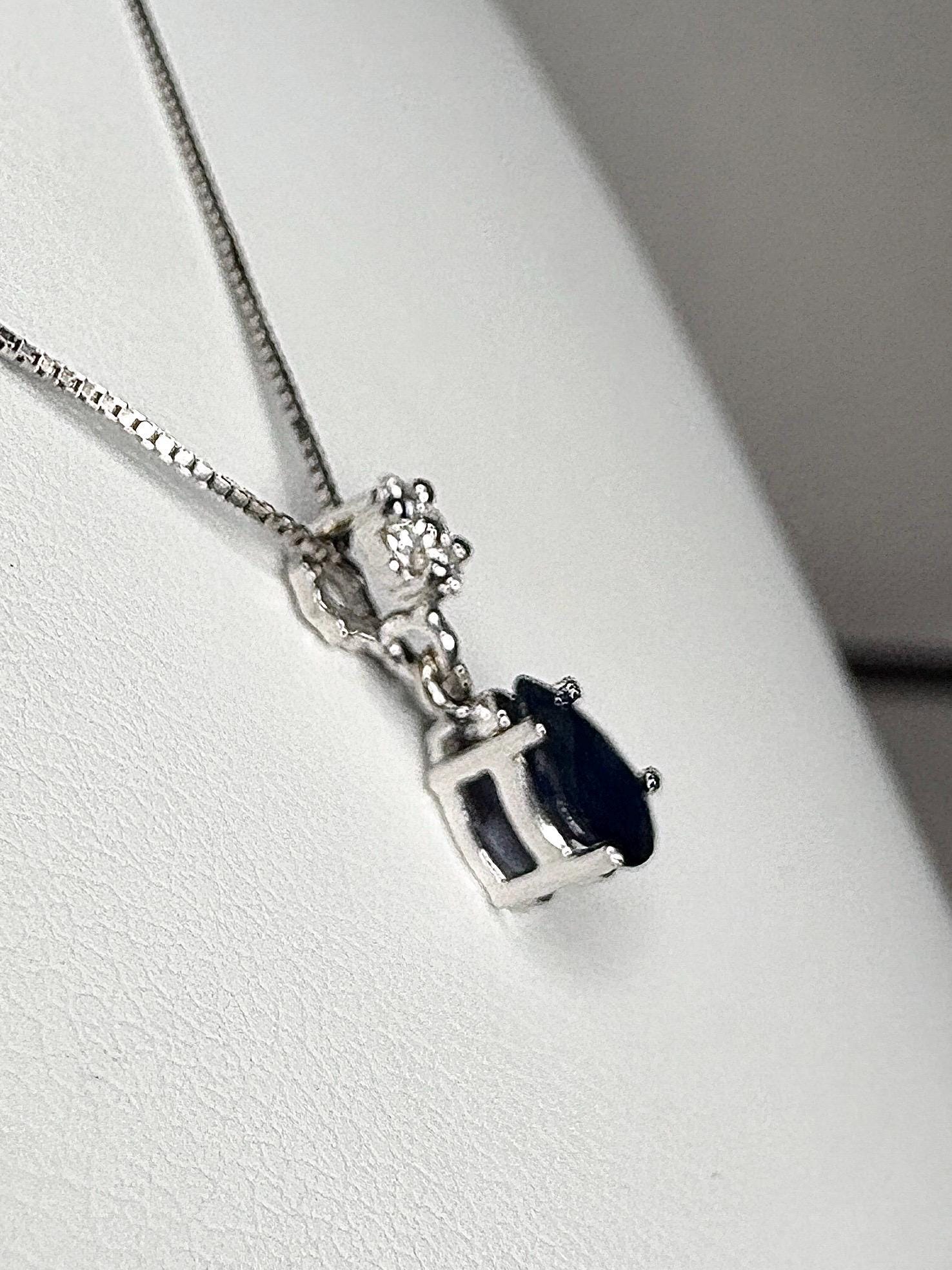 Sapphire and Diamond Pear Pendant Necklace Solid 14k and 10k White Gold 18" - NewLifeJewelryVault