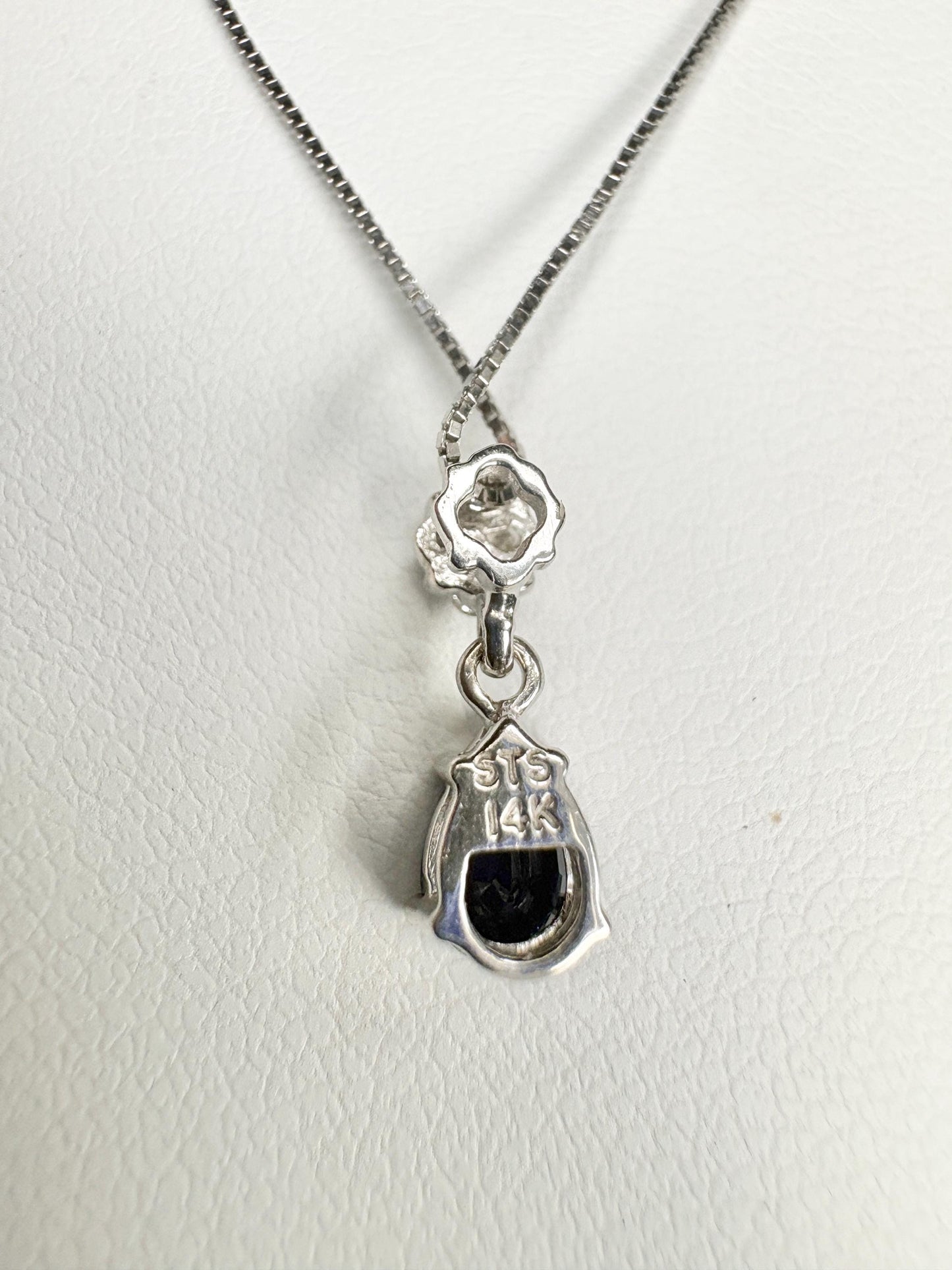 Sapphire and Diamond Pear Pendant Necklace Solid 14k and 10k White Gold 18" - NewLifeJewelryVault