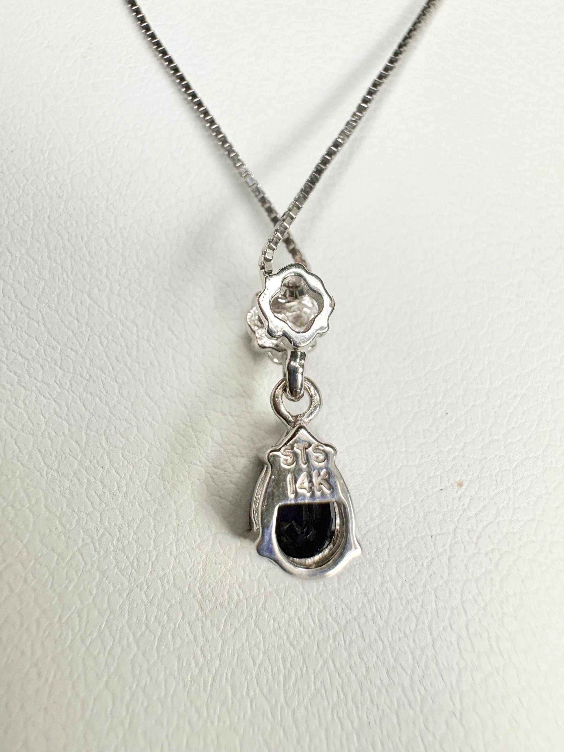 Sapphire and Diamond Pear Pendant Necklace Solid 14k and 10k White Gold 18" - NewLifeJewelryVault