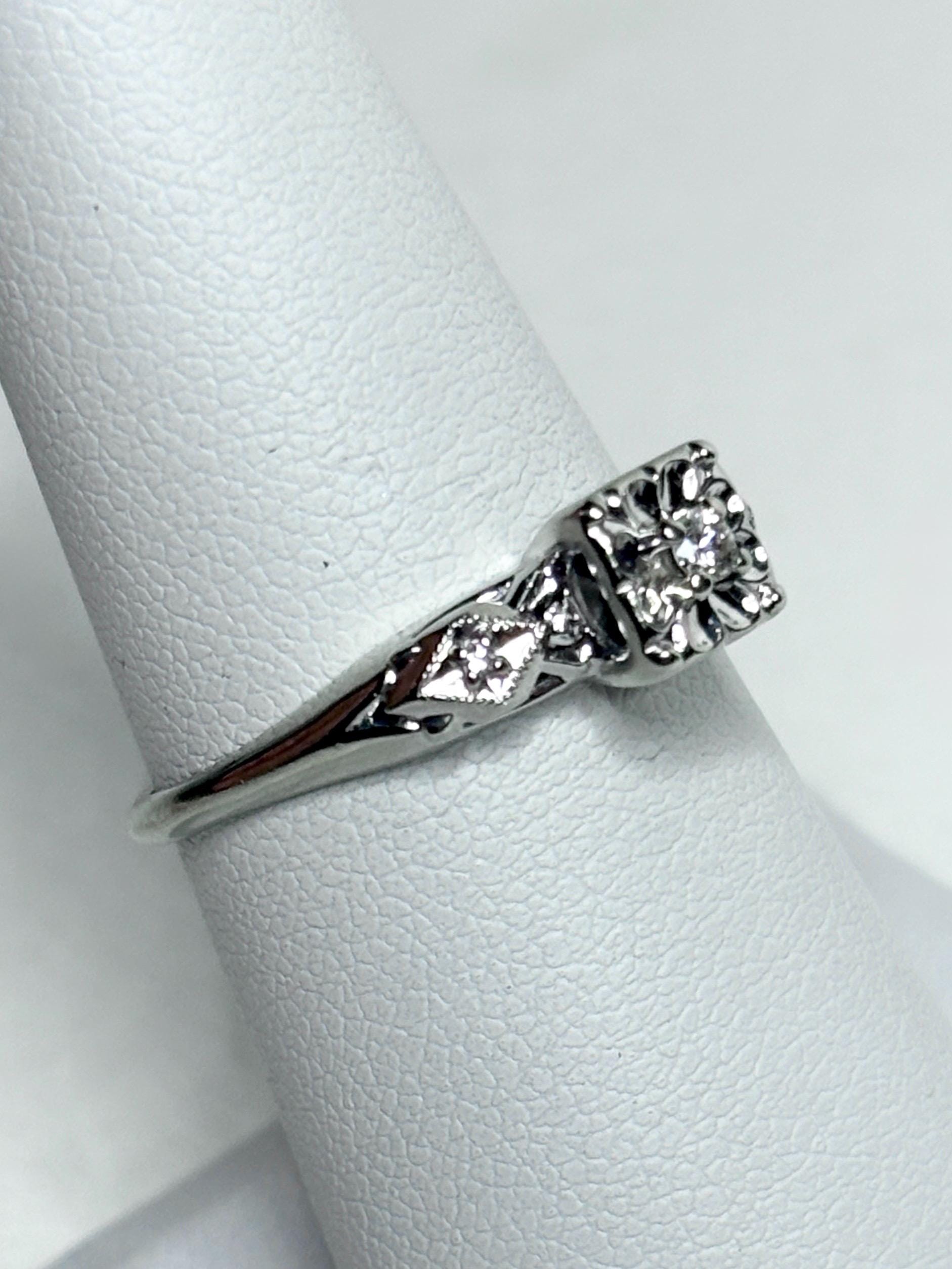 Retro Diamond Solitaire Ring Solid 14k White Gold size 6.75 - NewLifeJewelryVault