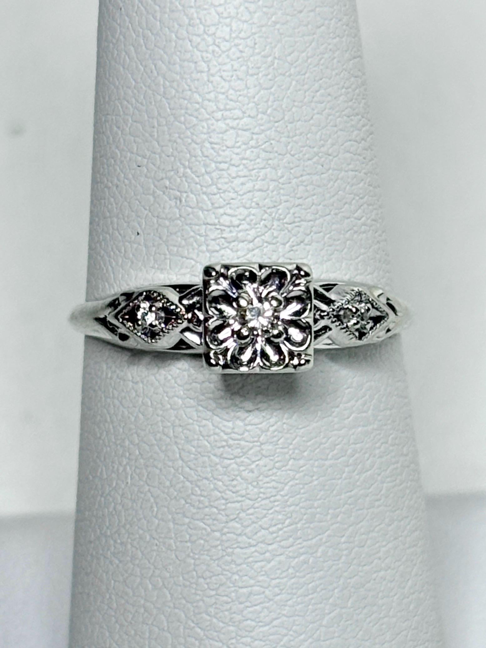 Retro Diamond Solitaire Ring Solid 14k White Gold size 6.75 - NewLifeJewelryVault