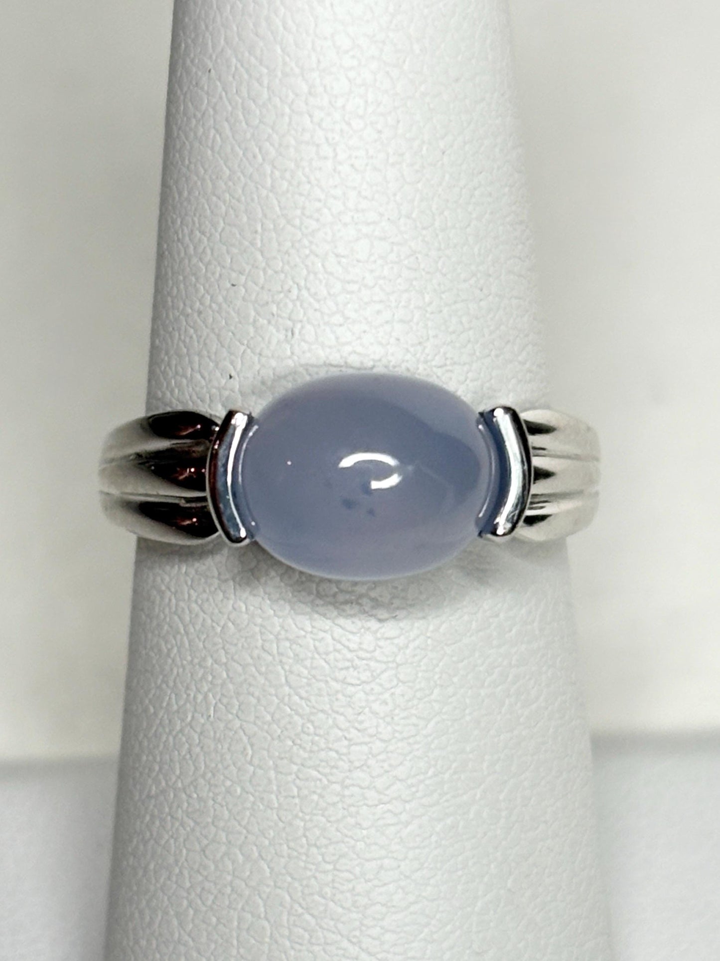 Natural Violet Blue Cabochon Chalcedony Band Ring Solid 14k White Gold size 6.5 - NewLifeJewelryVault