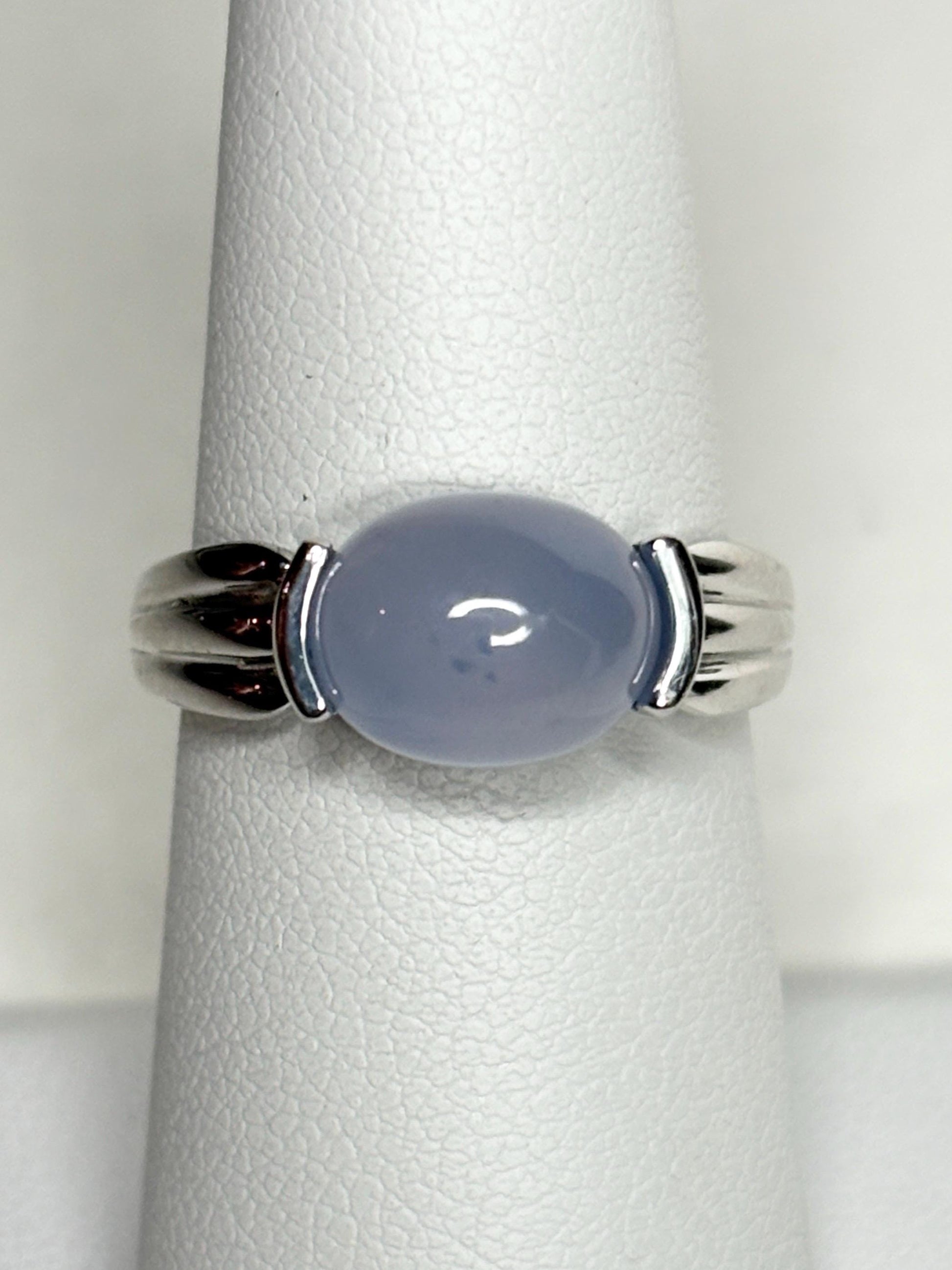 Natural Violet Blue Cabochon Chalcedony Band Ring Solid 14k White Gold size 6.5 - NewLifeJewelryVault