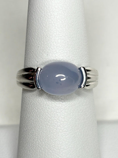 Natural Violet Blue Cabochon Chalcedony Band Ring Solid 14k White Gold size 6.5 - NewLifeJewelryVault